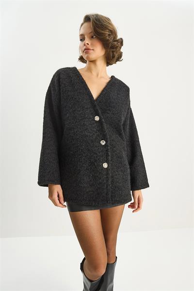 Kadın V Yaka Şık Asimetrik Düğmeli Kırçıllı Kaşe Hırka 55000 60283567 - Siyah