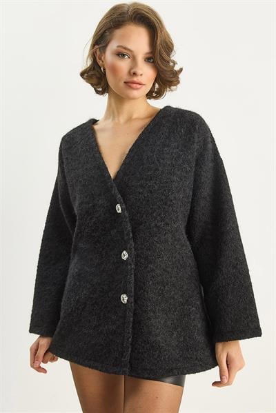 Kadın V Yaka Şık Asimetrik Düğmeli Kırçıllı Kaşe Hırka 55000 60283567 - Siyah