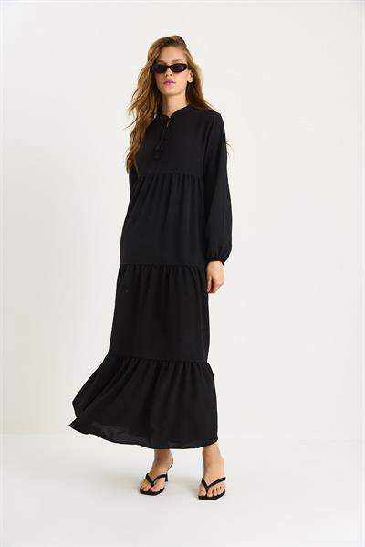 Kadın V Yaka Uzun Ayrobin Elbise 1627 60283489 - Siyah