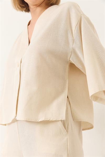 Kadın V Yaka Yarasa Kol Keten Kimono Palazzo Pantolonlu Alt-Üst Takım 9295 60281019 - Bej