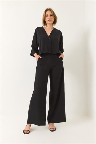 Kadın V Yaka Yarasa Kol Keten Kimono Palazzo Pantolonlu Alt-Üst Takım 9295 60281019 - Siyah