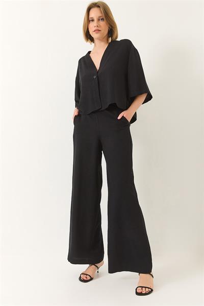 Kadın V Yaka Yarasa Kol Keten Kimono Palazzo Pantolonlu Alt-Üst Takım 9295 60281019 - Siyah