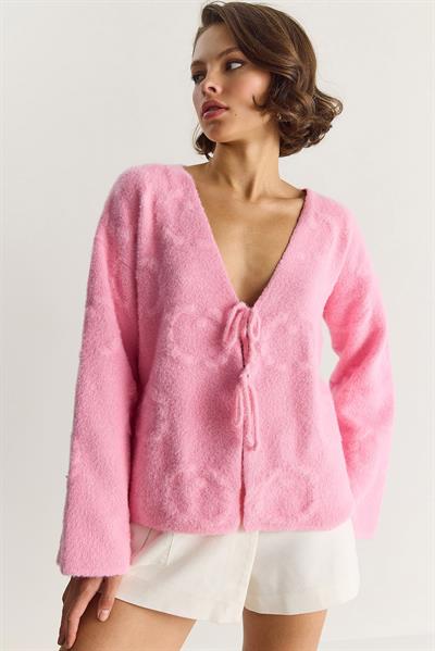 Kadın V Yaka Yumuşak Dokulu Kabartmalı Önden Bağlamalı Peluş Hırka w25030 60283551 - Pembe