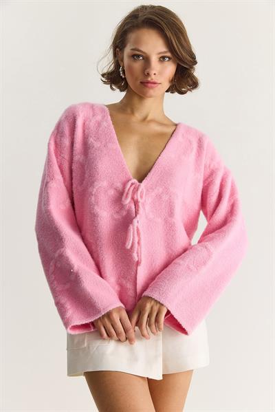 Kadın V Yaka Yumuşak Dokulu Kabartmalı Önden Bağlamalı Peluş Hırka w25030 60283551 - Pembe