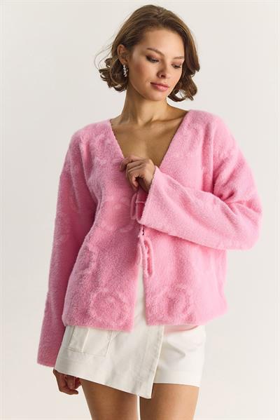 Kadın V Yaka Yumuşak Dokulu Kabartmalı Önden Bağlamalı Peluş Hırka w25030 60283551 - Pembe
