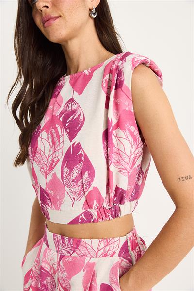 Kadın Vatkalı Beli Lastikli Crop Bluz Bol Pantolonlu Desenli Keten Alt-Üst Takım 25-086 60283430 - Pembe