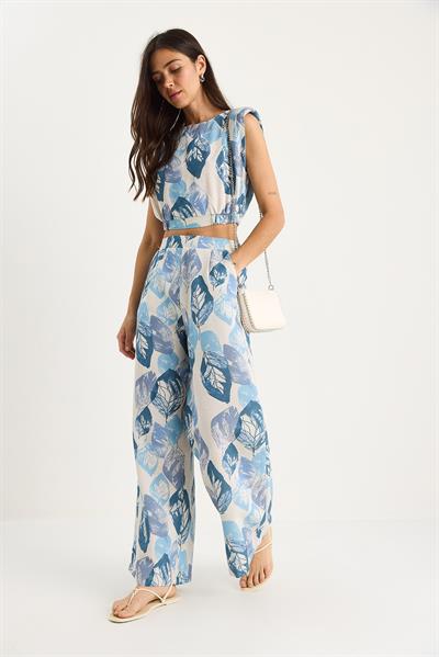 Kadın Vatkalı Beli Lastikli Crop Bluz Bol Pantolonlu Desenli Keten Alt-Üst Takım 25-086 60283430 - Mavi