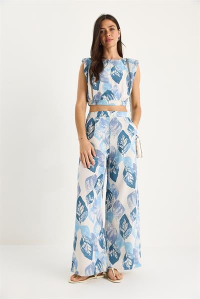 Kadın Vatkalı Beli Lastikli Crop Bluz Bol Pantolonlu Desenli Keten Alt-Üst Takım 25-086 60283430 - Mavi