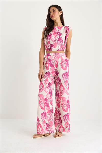 Kadın Vatkalı Beli Lastikli Crop Bluz Bol Pantolonlu Desenli Keten Alt-Üst Takım 25-086 60283430 - Pembe