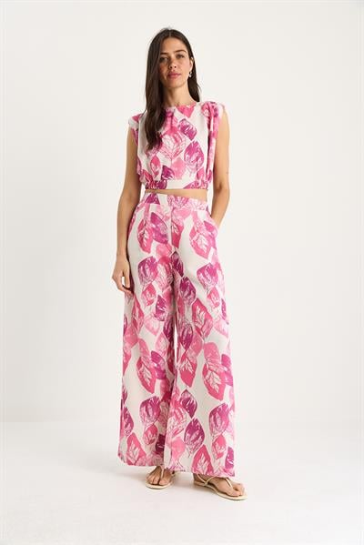 Kadın Vatkalı Beli Lastikli Crop Bluz Bol Pantolonlu Desenli Keten Alt-Üst Takım 25-086 60283430 - Pembe