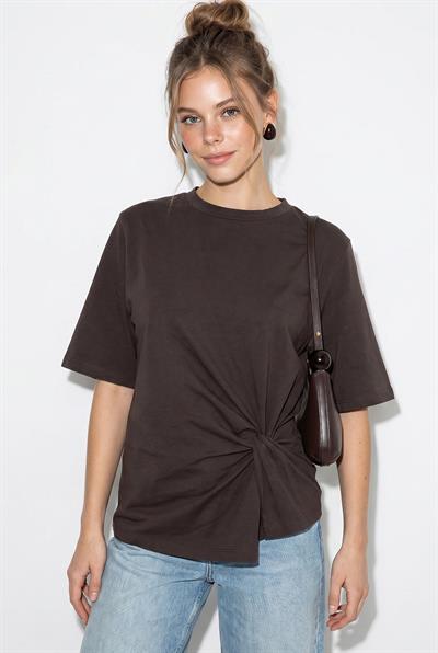 Kadın Vatkalı Omuz Detaylı Düğüm Detaylı Kısa Kollu T-Shirt 1067 60286068 - Kakao