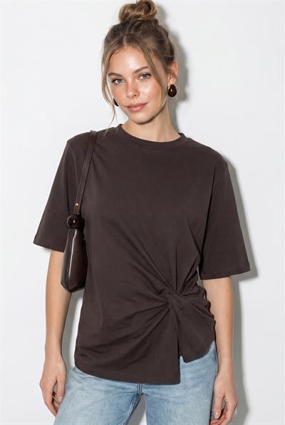 Kadın Vatkalı Omuz Detaylı Düğüm Detaylı Kısa Kollu T-Shirt 1067 60286068 - Kakao