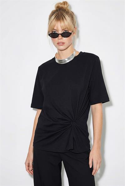 Kadın Vatkalı Omuz Detaylı Düğüm Detaylı Kısa Kollu T-Shirt 1067 60286068 - Siyah