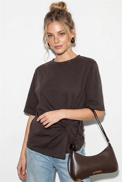 Kadın Vatkalı Omuz Detaylı Düğüm Detaylı Kısa Kollu T-Shirt 1067 60286068 - Kakao