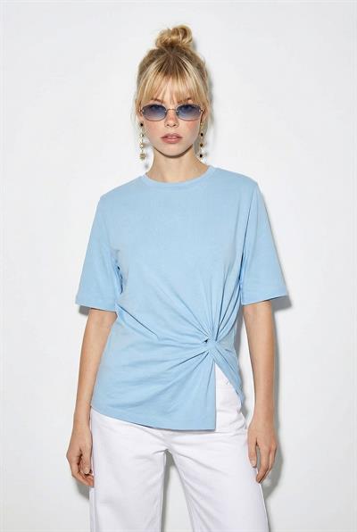 Kadın Vatkalı Omuz Detaylı Düğüm Detaylı Kısa Kollu T-Shirt 1067 60286068 - Bebe Mavisi