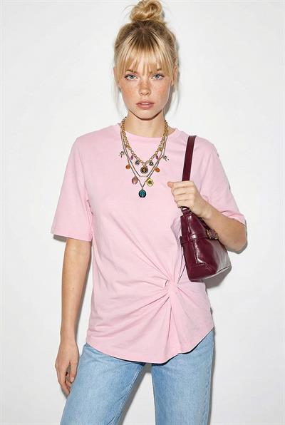 Kadın Vatkalı Omuz Detaylı Düğüm Detaylı Kısa Kollu T-Shirt 1067 60286068 - Pembe