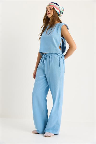 Kadın Vatkalı Yandan Bağlamalı Bluz Beli Lastikli Bol Pantolonlu Keten Takım 9389 60281084 - Bebe Mavisi