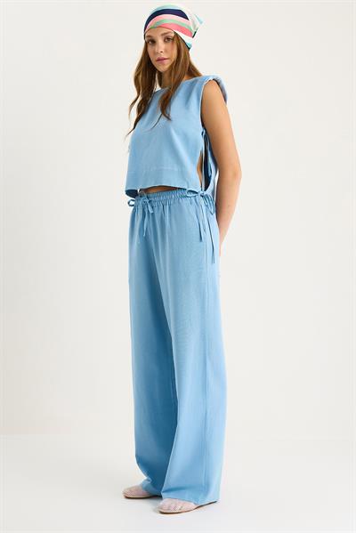 Kadın Vatkalı Yandan Bağlamalı Bluz Beli Lastikli Bol Pantolonlu Keten Takım 9389 60281084 - Bebe Mavisi