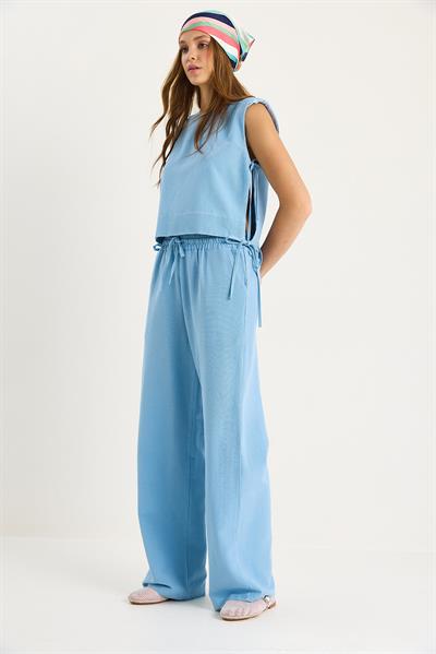 Kadın Vatkalı Yandan Bağlamalı Bluz Beli Lastikli Bol Pantolonlu Keten Takım 9389 60281084 - Bebe Mavisi
