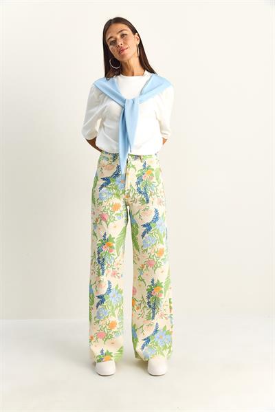 Kadın Vintage Desen Yüksek Bel Denim Pantolon DP251033 60286008 - Krem-Yeşil