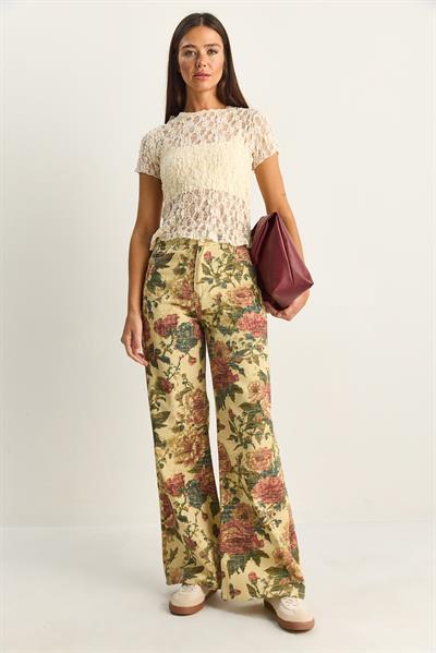 Kadın Vintage Desen Yüksek Bel Denim Pantolon DP251033 60286008 - Sarı