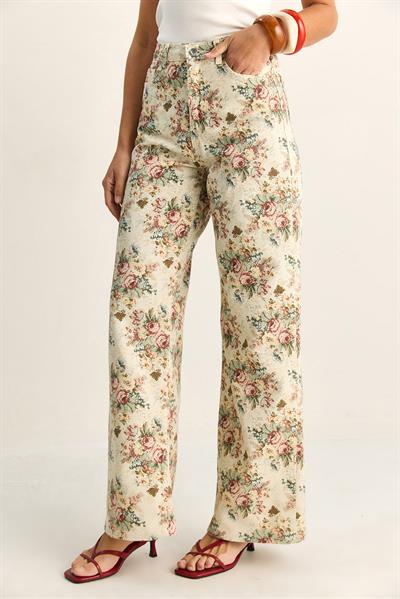 Kadın Vintage Desen Yüksek Bel Denim Pantolon DP251033 60286008 - Krem-Pembe