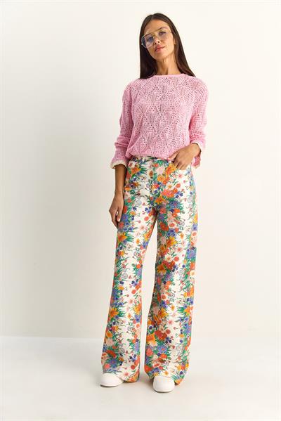 Kadın Vintage Desen Yüksek Bel Denim Pantolon DP251033 60286008 - Beyaz-Mavi