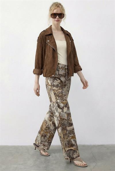 Kadın Vintage Desen Yüksek Bel Denim Pantolon DP251033 60286008 - Krem-Sarı