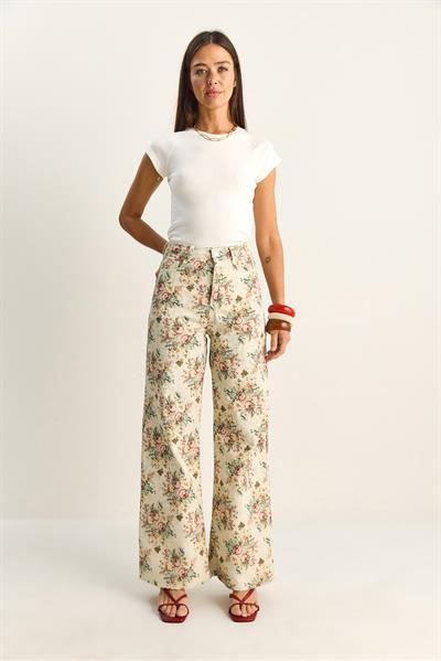 Kadın Vintage Desen Yüksek Bel Denim Pantolon DP251033 60286008 - Krem-Pembe