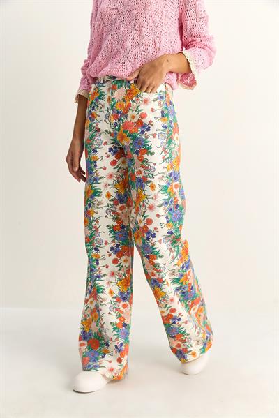 Kadın Vintage Desen Yüksek Bel Denim Pantolon DP251033 60286008 - Beyaz-Mavi