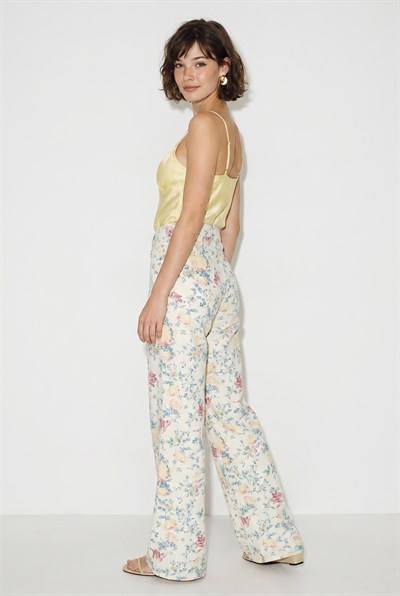 Kadın Vintage Desen Yüksek Bel Denim Pantolon DP251033 60286008 - Beyaz-Sarı