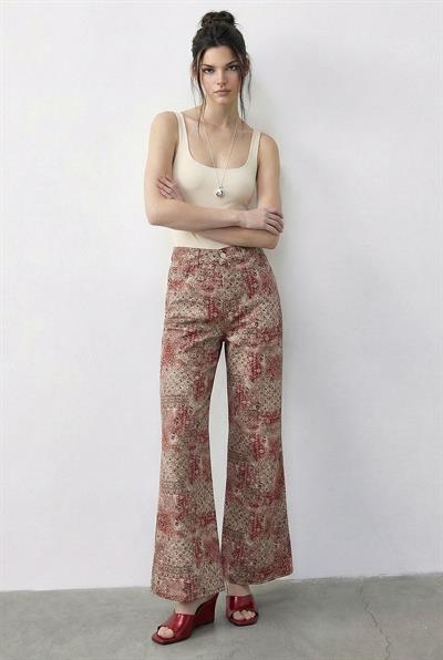 Kadın Vintage Desen Yüksek Bel Denim Pantolon DP251033 60286008 - Pudra