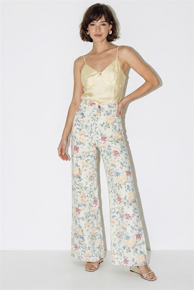 Kadın Vintage Desen Yüksek Bel Denim Pantolon DP251033 60286008 - Beyaz-Sarı