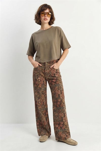 Kadın Vintage Desen Yüksek Bel Denim Pantolon DP251033 60286008 - Haki