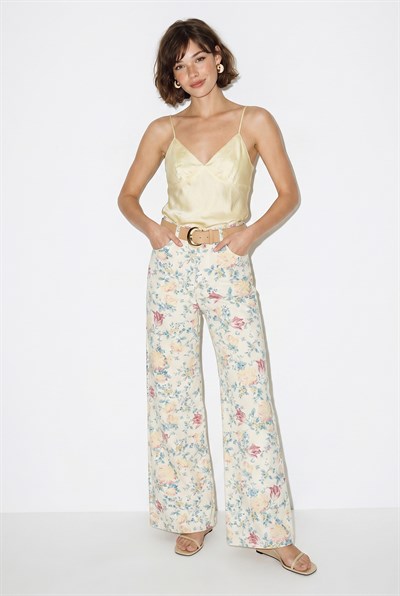 Kadın Vintage Desen Yüksek Bel Denim Pantolon DP251033 60286008 - Beyaz-Sarı