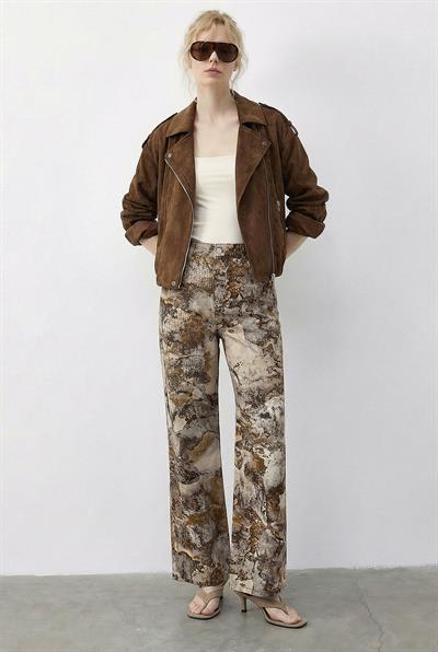 Kadın Vintage Desen Yüksek Bel Denim Pantolon DP251033 60286008 - Krem-Sarı