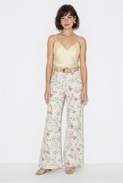 Kadın Vintage Desen Yüksek Bel Denim Pantolon DP251033 60286008 - Beyaz-Sarı