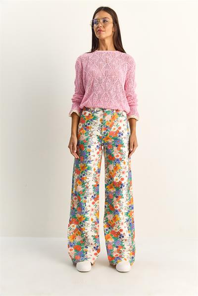 Kadın Vintage Desen Yüksek Bel Denim Pantolon DP251033 60286008 - Beyaz-Mavi