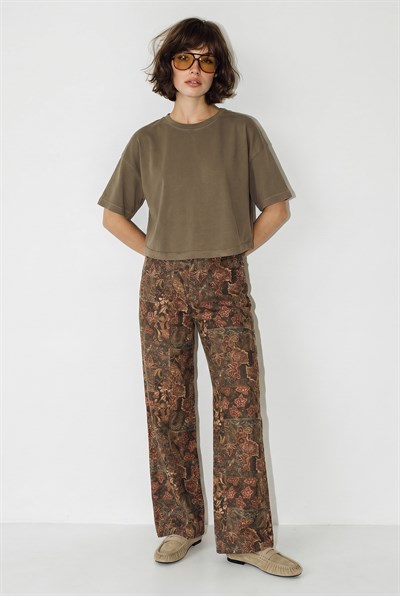 Kadın Vintage Desen Yüksek Bel Denim Pantolon DP251033 60286008 - Haki