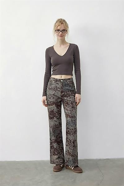 Kadın Vintage Desen Yüksek Bel Denim Pantolon DP251033 60286008 - Gri-Kahverengi