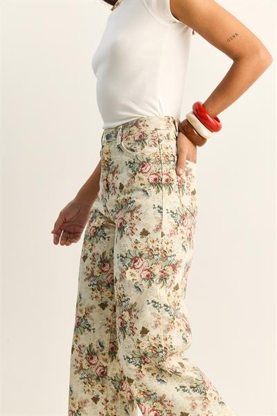 Kadın Vintage Desen Yüksek Bel Denim Pantolon DP251033 60286008 - Krem-Pembe