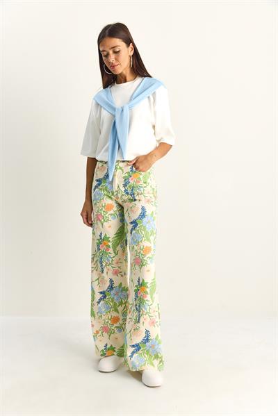 Kadın Vintage Desen Yüksek Bel Denim Pantolon DP251033 60286008 - Krem-Yeşil