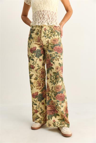 Kadın Vintage Desen Yüksek Bel Denim Pantolon DP251033 60286008 - Sarı