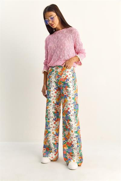 Kadın Vintage Desen Yüksek Bel Denim Pantolon DP251033 60286008 - Beyaz-Mavi