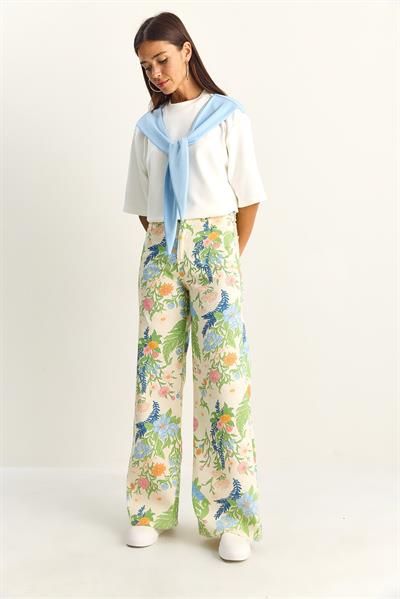 Kadın Vintage Desen Yüksek Bel Denim Pantolon DP251033 60286008 - Krem-Yeşil