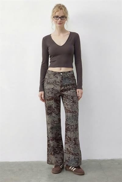 Kadın Vintage Desen Yüksek Bel Denim Pantolon DP251033 60286008 - Gri-Kahverengi