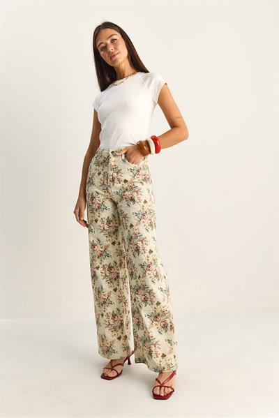 Kadın Vintage Desen Yüksek Bel Denim Pantolon DP251033 60286008 - Krem-Pembe