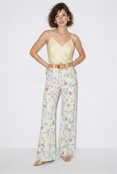 Kadın Vintage Desen Yüksek Bel Denim Pantolon DP251033 60286008 - Beyaz-Sarı