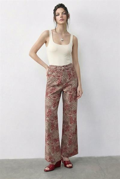 Kadın Vintage Desen Yüksek Bel Denim Pantolon DP251033 60286008 - Pudra