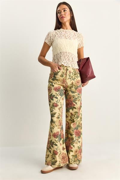 Kadın Vintage Desen Yüksek Bel Denim Pantolon DP251033 60286008 - Sarı